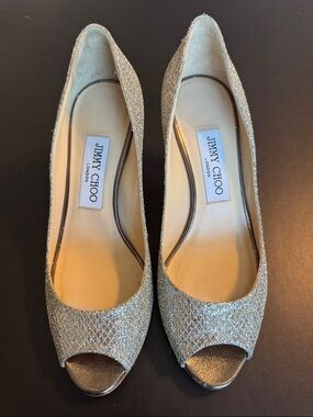 Jimmy Choo Sparkling Silver Peep-Toe Heels